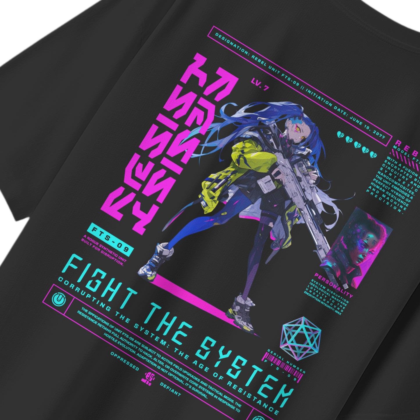 Fight the System cyberpunk tshirt oversized tshirt, back view close-up on white background