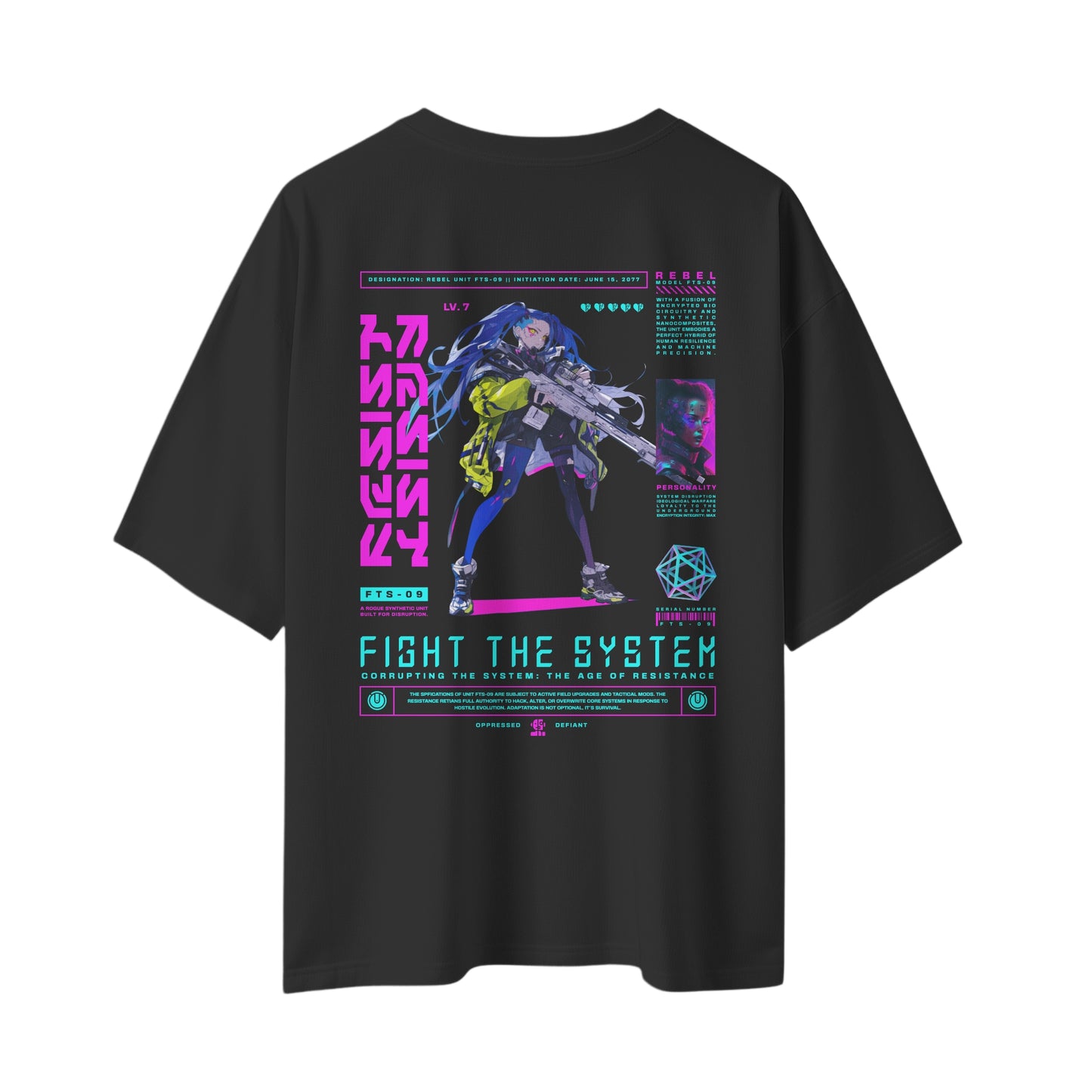 Fight the System cyberpunk tshirt oversized tshirt, back view on white background