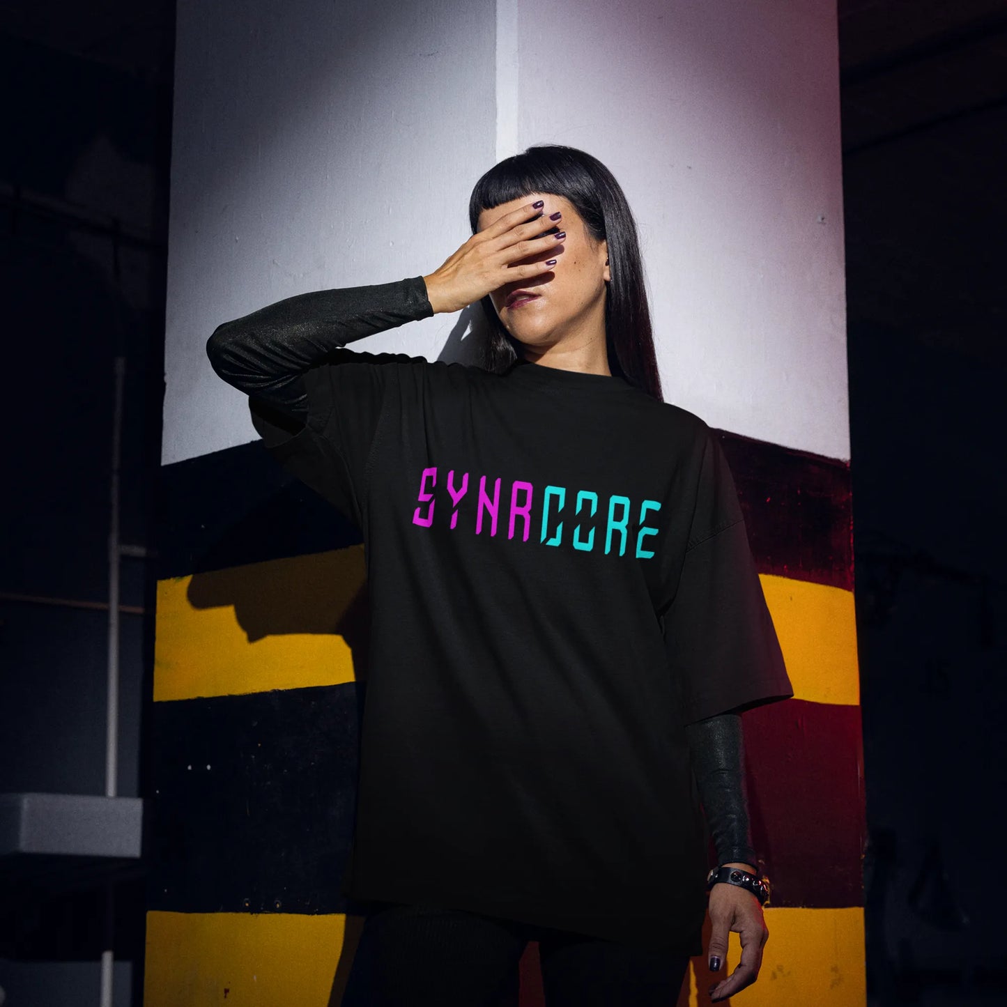 Fight the System cyberpunk tshirt oversized tshirt, front view on female model
