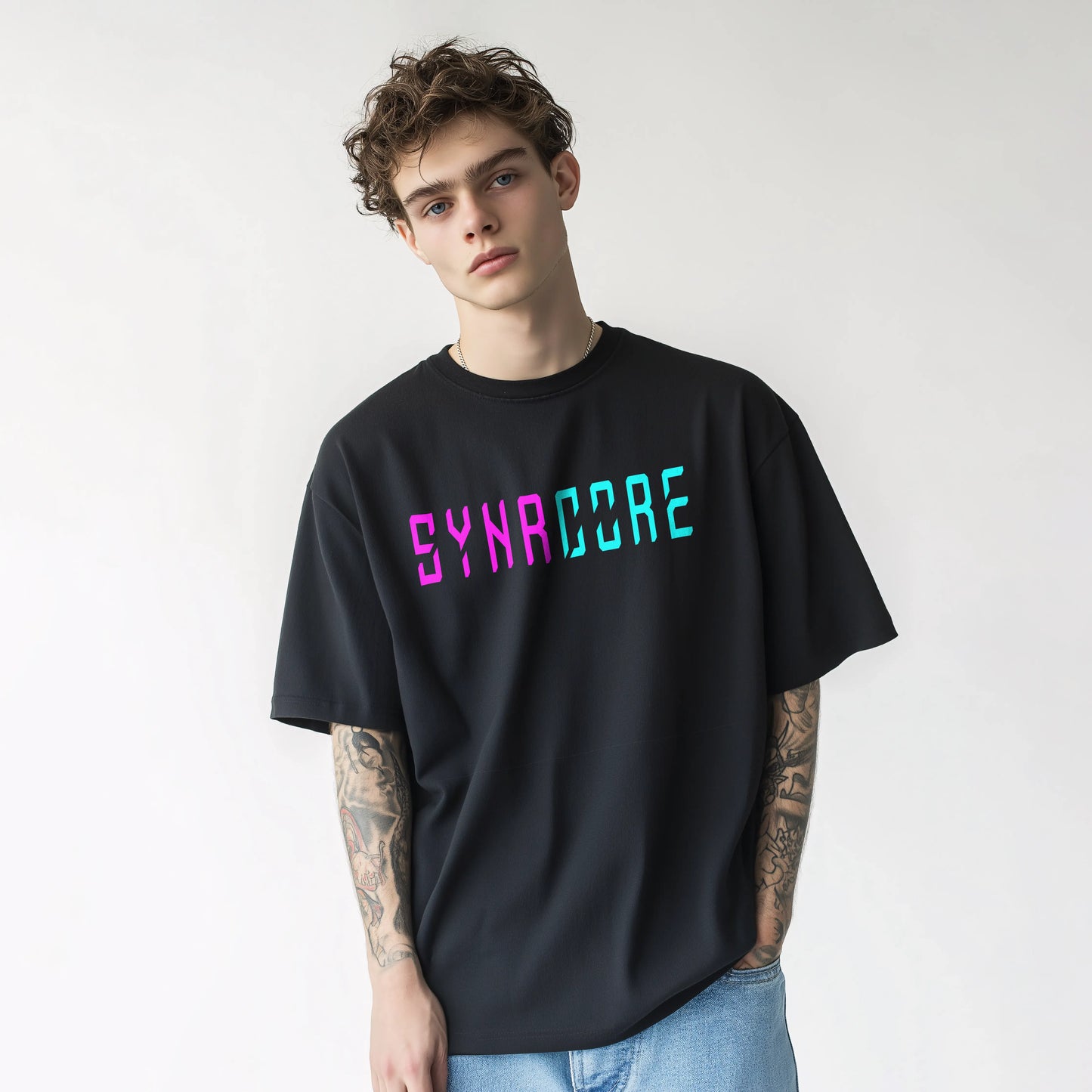 Fight the System cyberpunk tshirt oversized tshirt, front view on male model