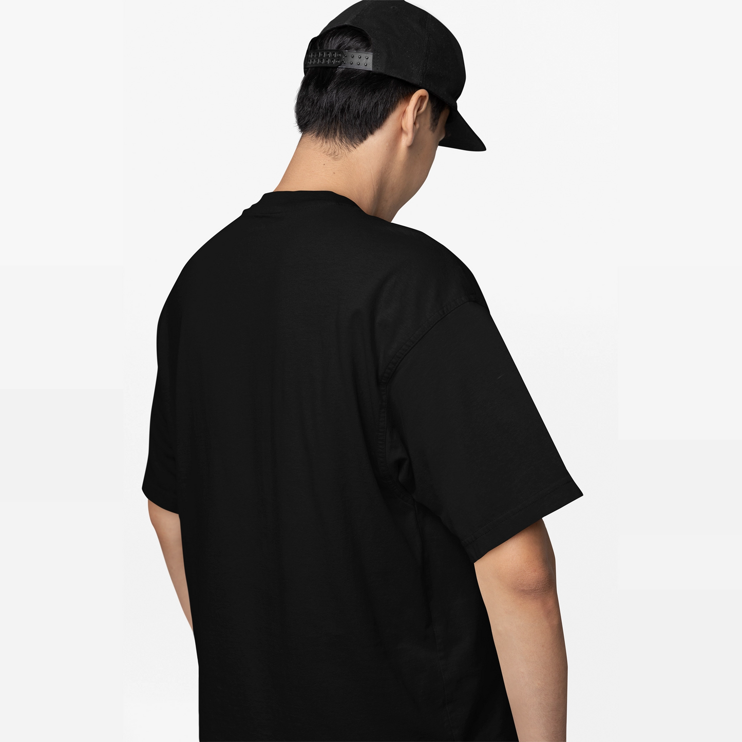 No Injection cyberpunk tshirt oversized tshirt, back view on male model