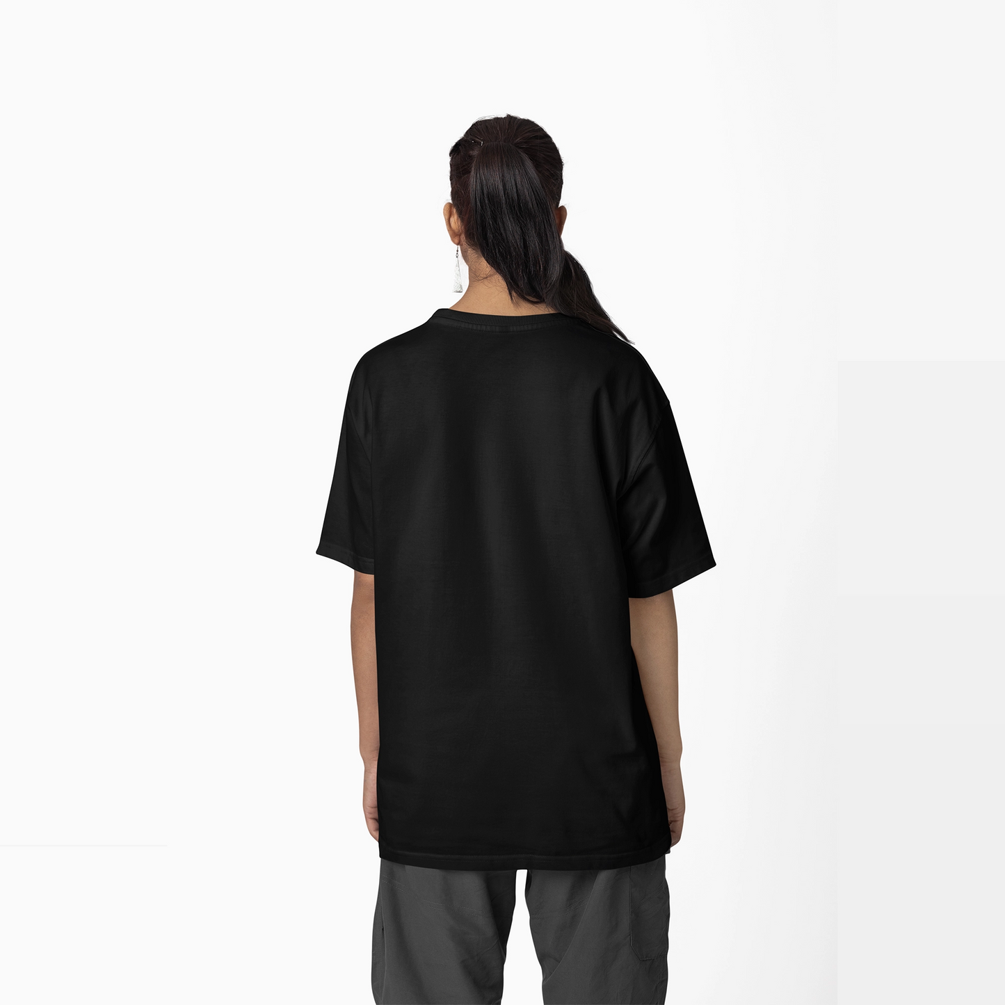 Sacred Mecha cyberpunk tshirt oversized tshirt, back view on female model