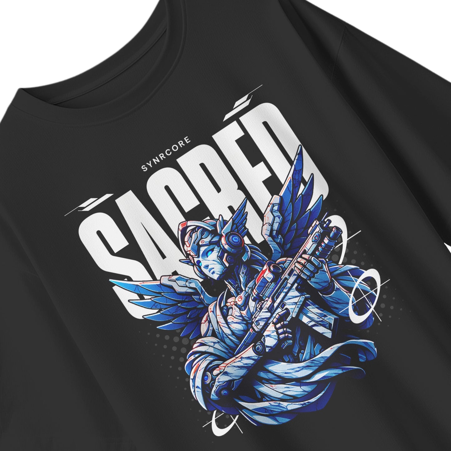 Sacred Mecha cyberpunk tshirt oversized tshirt, front view close-up on white background