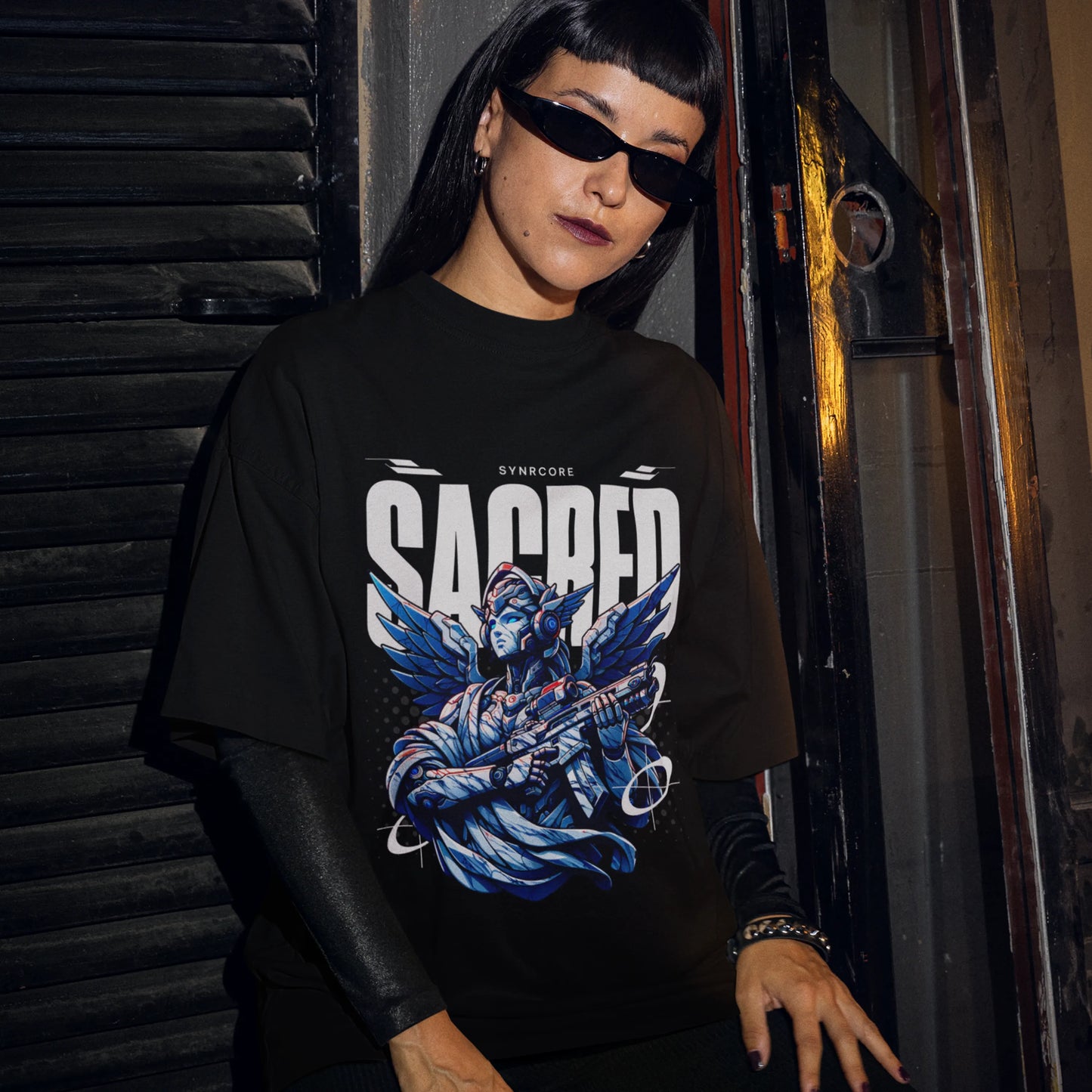 Sacred Mecha cyberpunk tshirt oversized tshirt, front view on female model