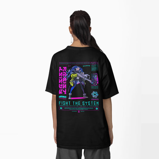 Fight the System cyberpunk tshirt oversized tshirt, back view on female model