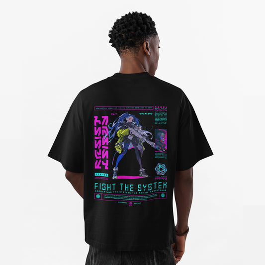 Fight the System cyberpunk tshirt oversized tshirt, back view on male model