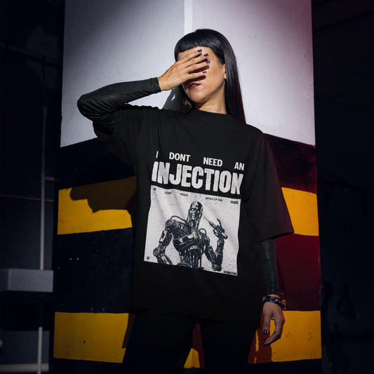 No Injection cyberpunk tshirt oversized tshirt, front view on female model