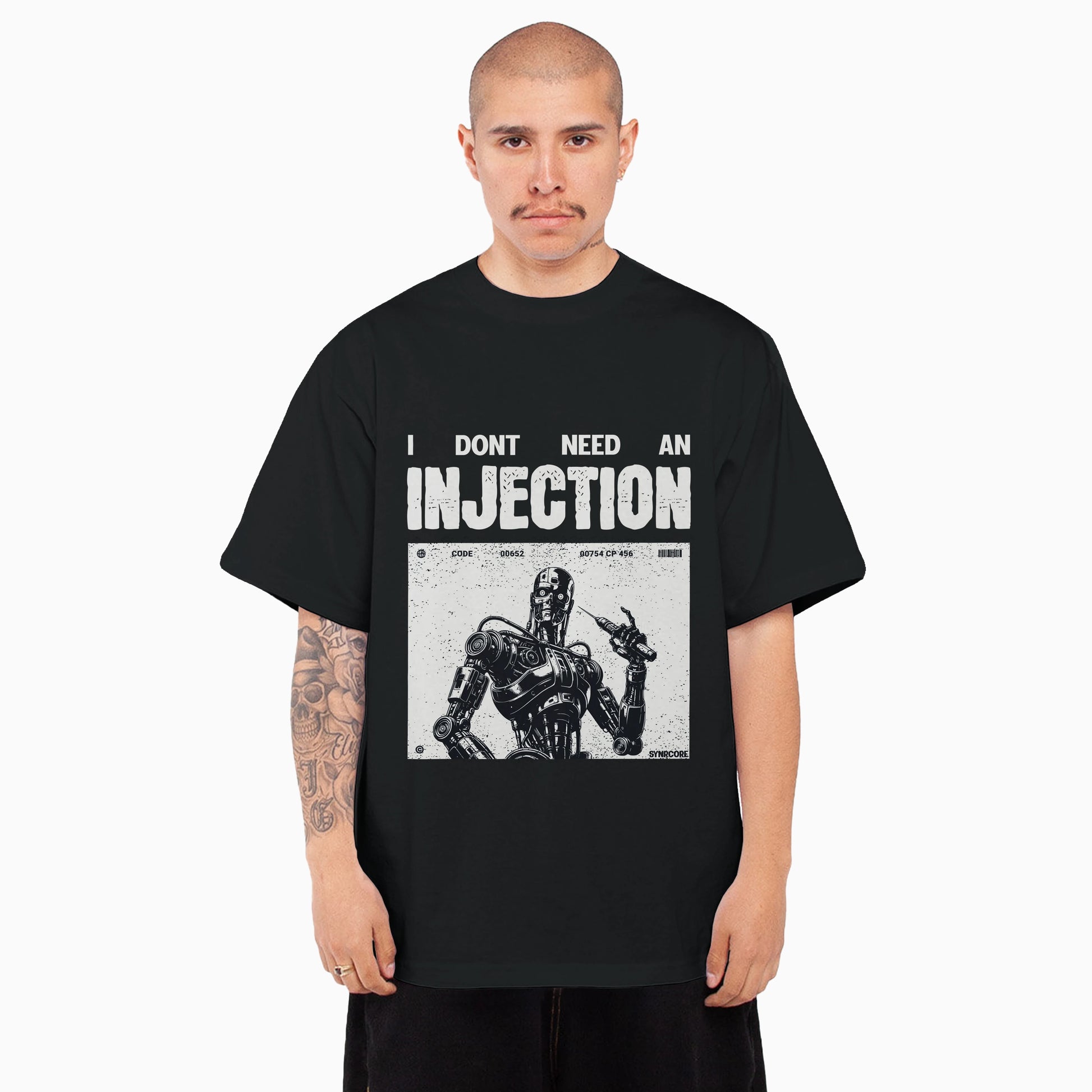 No Injection cyberpunk tshirt oversized tshirt, front view on male model