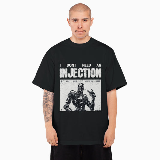 No Injection cyberpunk tshirt oversized tshirt, front view on male model