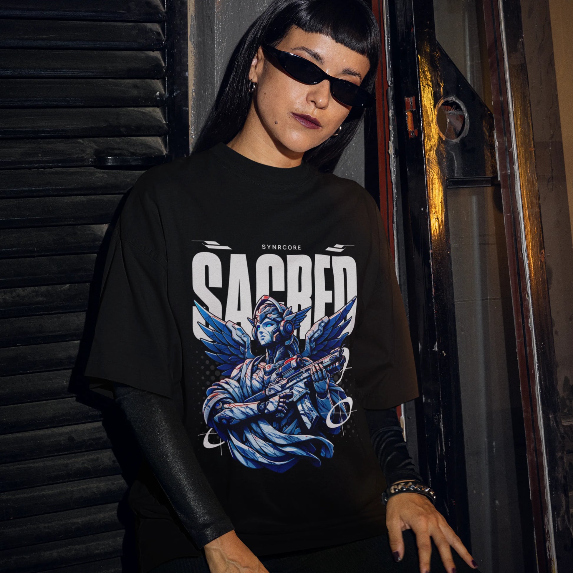 Sacred Mecha cyberpunk tshirt oversized tshirt, front view on female model