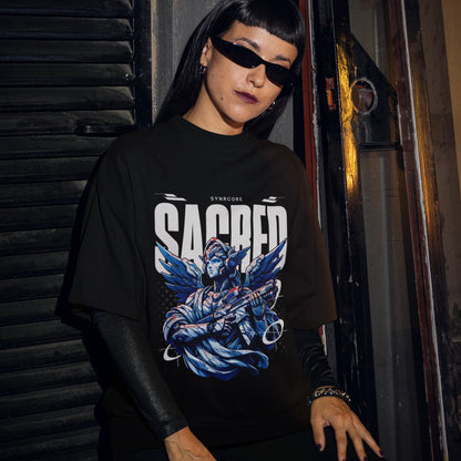 Sacred Mecha cyberpunk tshirt oversized tshirt, front view on female model
