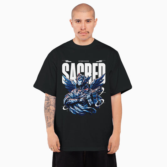 Sacred Mecha cyberpunk tshirt oversized tshirt, front view on male model