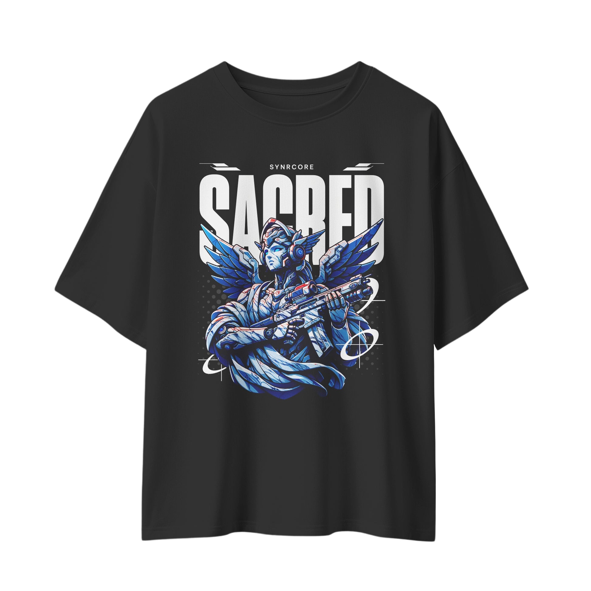Sacred Mecha cyberpunk tshirt oversized tshirt, front view on white background