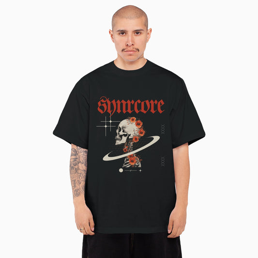 Timeless goth tshirt oversized tshirt, front view on male model