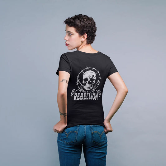 Rebellion Goth Wholesale Tee Shirts Bulk T-shirt, back view on female model