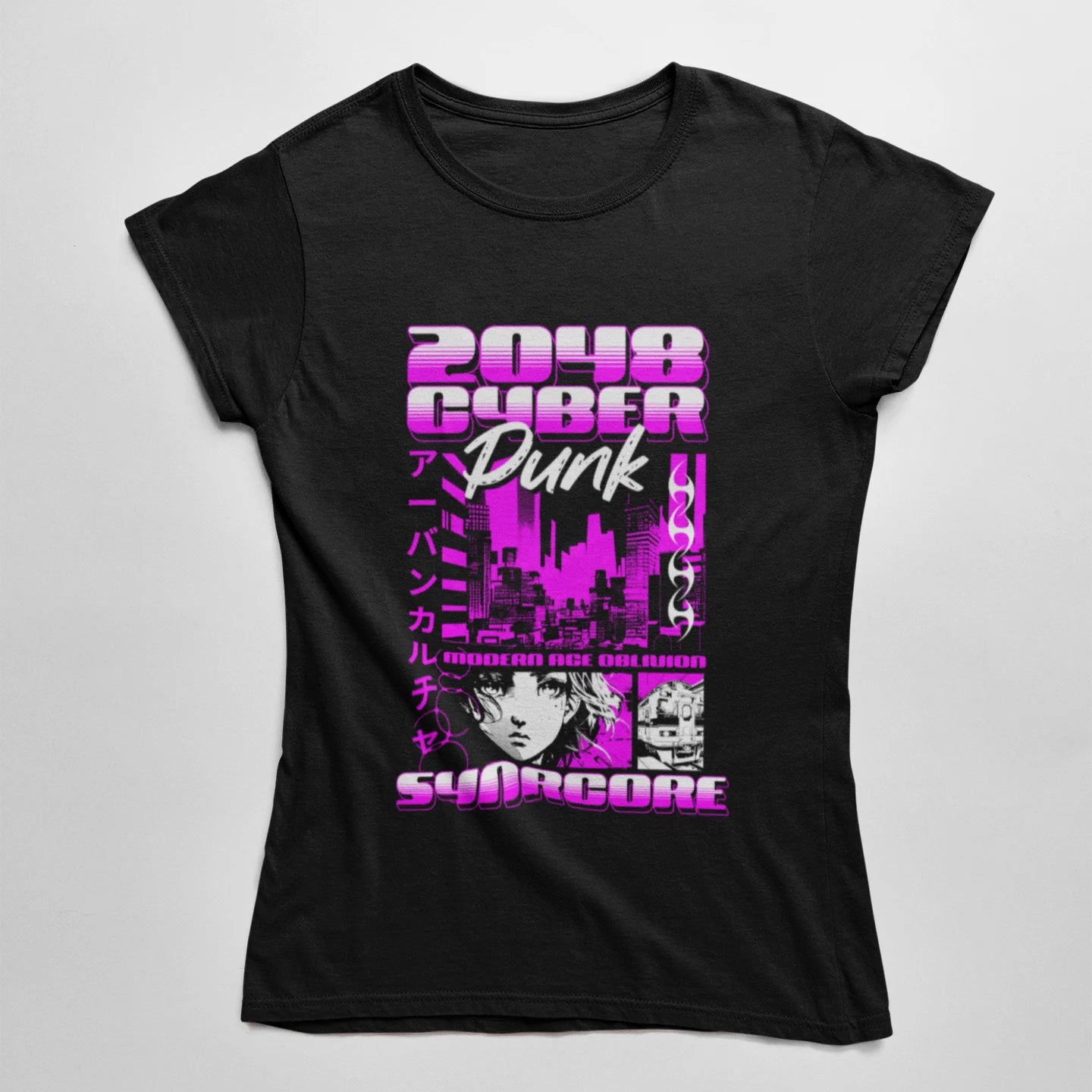 2048 Night City Oblivion Cyberpunk Wholesale Tee Shirts Bulk T-shirt, front view on white background