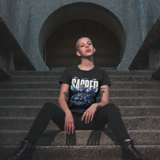 Sacred Mecha Cyberpunk Wholesale Tee Shirts Bulk T-shirt, front view on female model