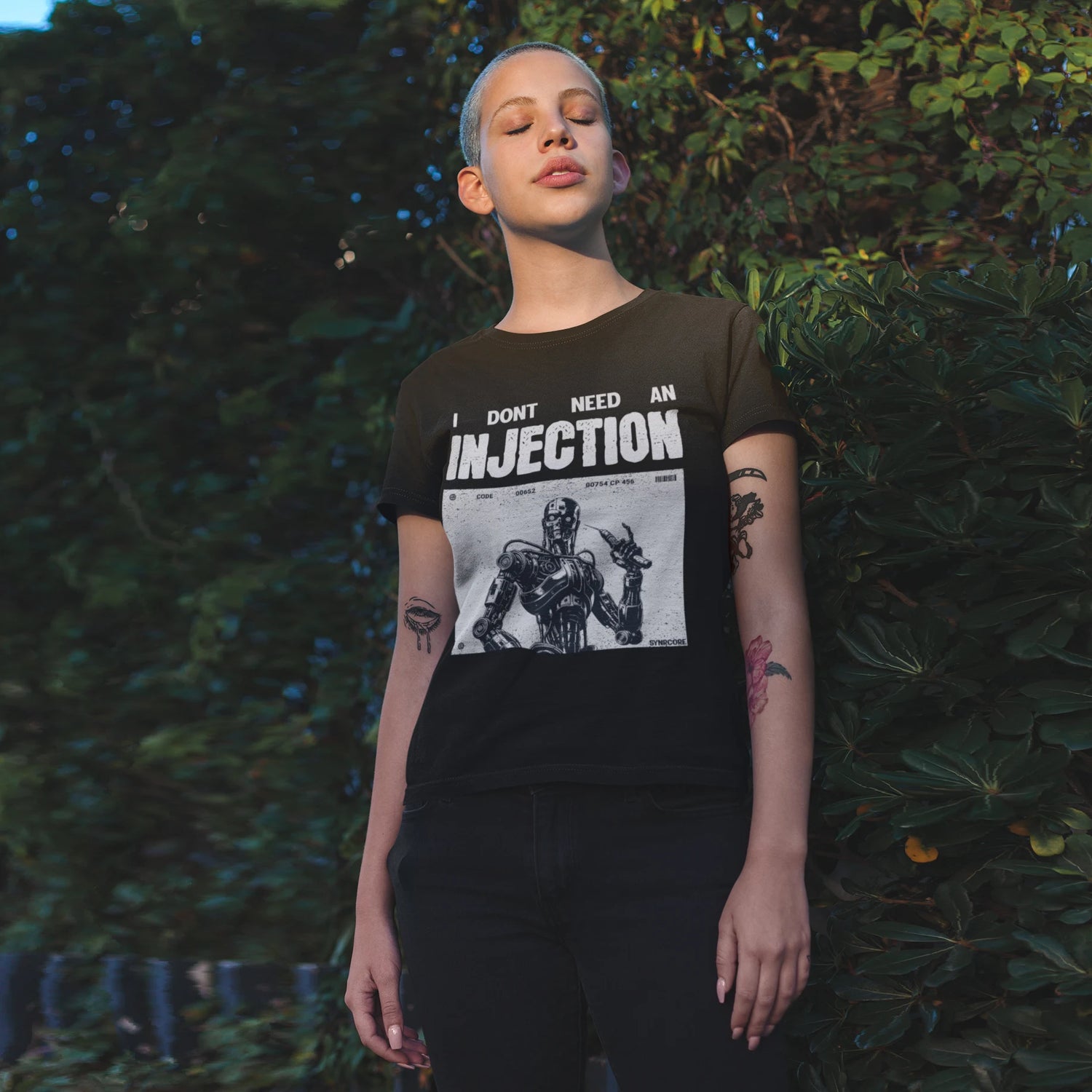 No Injection Cyberpunk Wholesale Tee Shirts Bulk T-shirt, back view on female model
