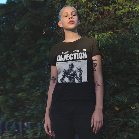 No Injection Cyberpunk Wholesale Tee Shirts Bulk T-shirt, back view on female model