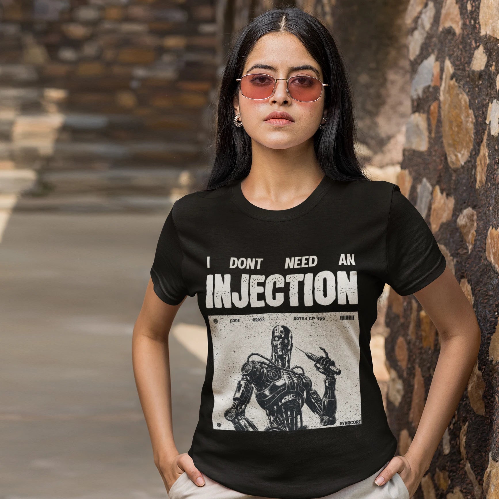No Injection Cyberpunk Wholesale Tee Shirts Bulk T-shirt, front view on female model