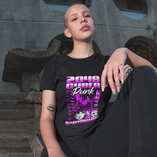 2048 Night City Oblivion Cyberpunk Wholesale Tee Shirts Bulk T-shirt, front view on female model