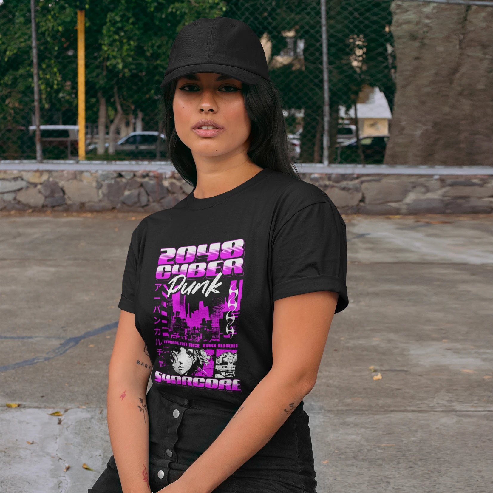 2048 Night City Oblivion Cyberpunk Wholesale Tee Shirts Bulk T-shirt, front view on female model