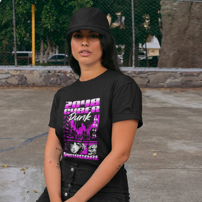 2048 Night City Oblivion Cyberpunk Wholesale Tee Shirts Bulk T-shirt, front view on female model
