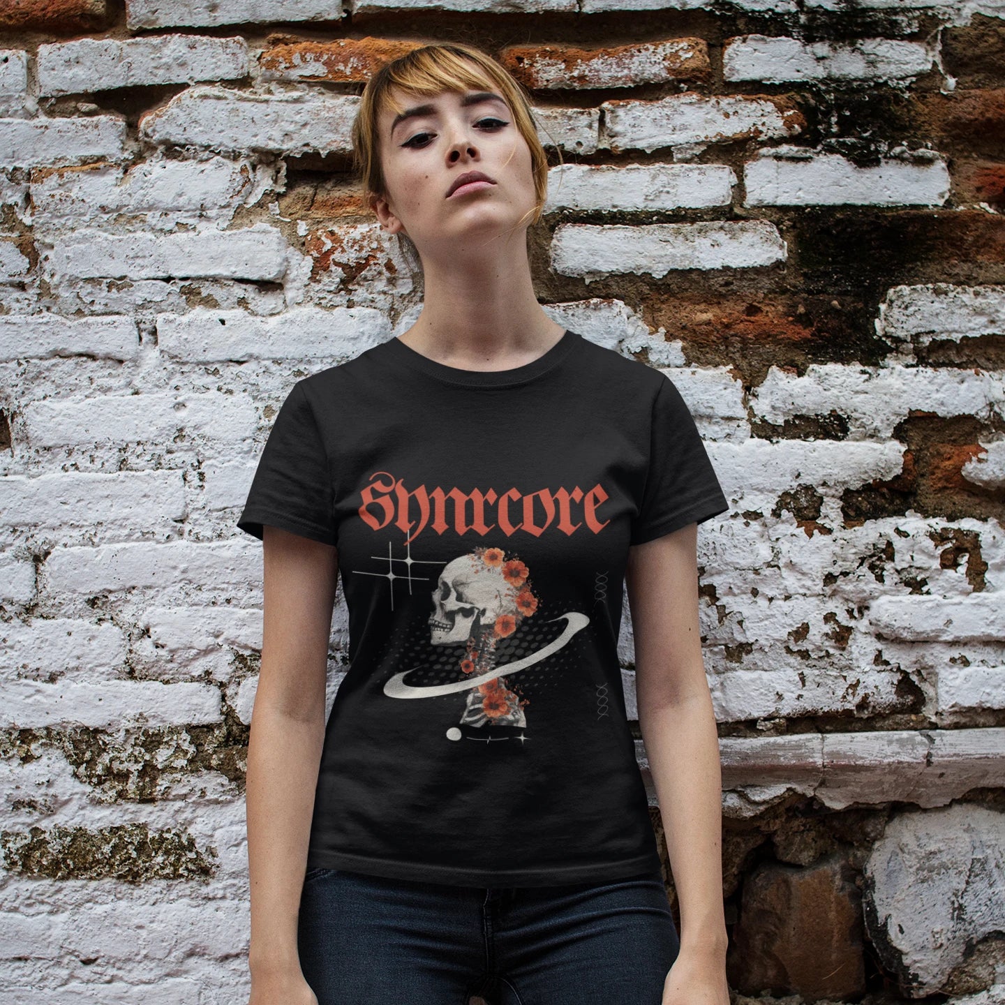 Timeless Goth Wholesale Tee Shirts Bulk T-shirt, front view on female model