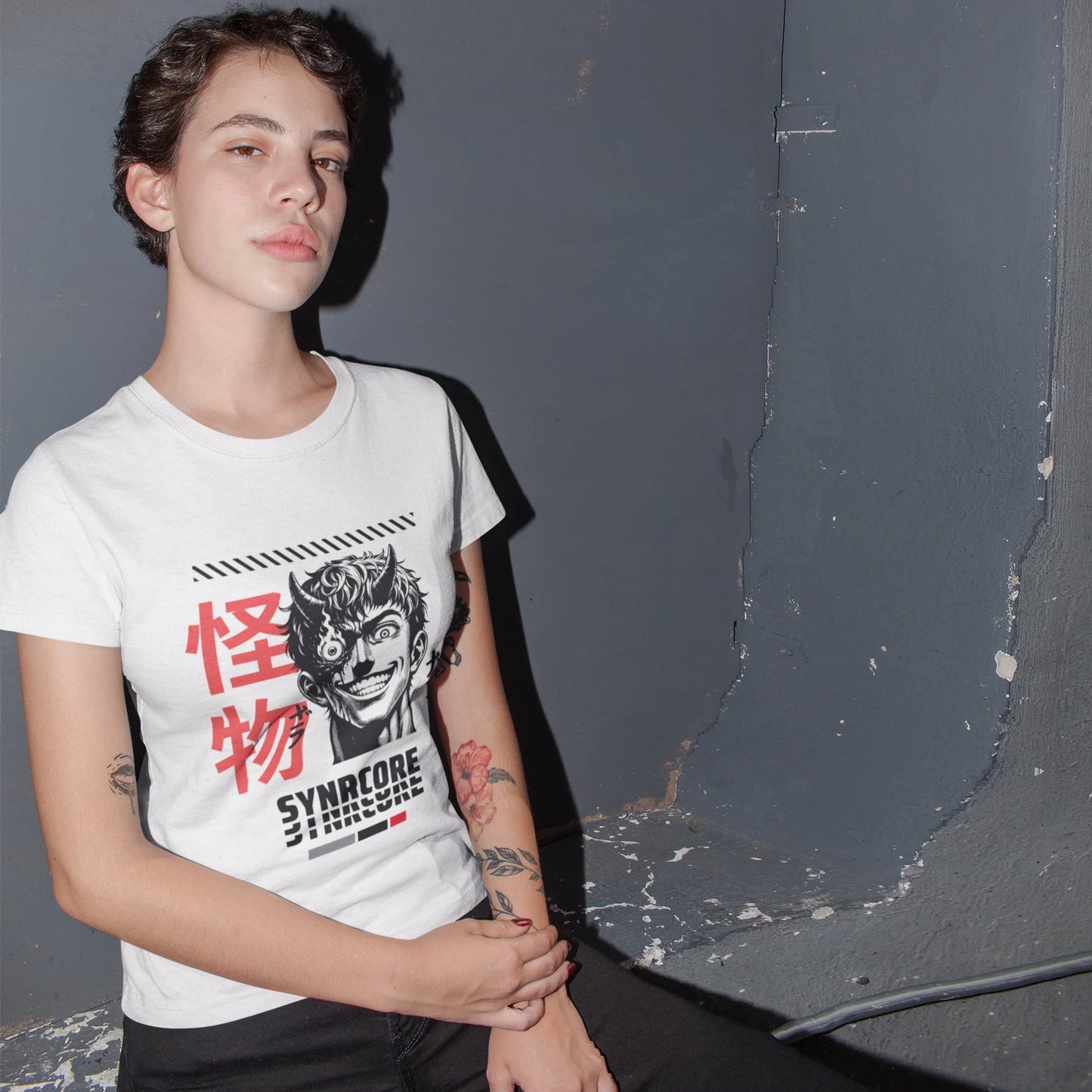 Devil Boy Anime Wholesale Tee Shirts Bulk T-shirt, front view on female model