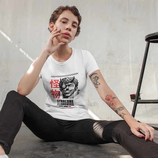 Devil Boy Anime Wholesale Tee Shirts Bulk T-shirt, front view on female model