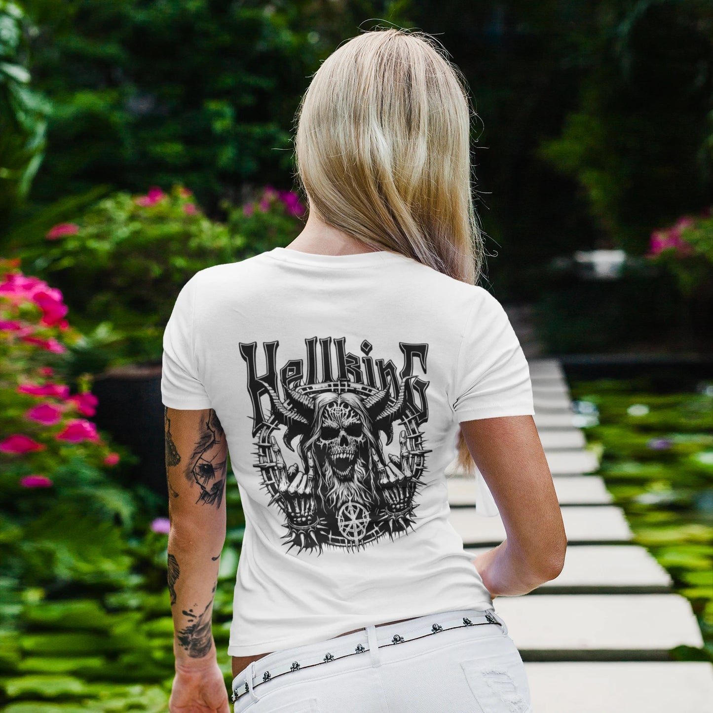 Hell King Goth Wholesale Tee Shirts Bulk T-shirt, back view on female model