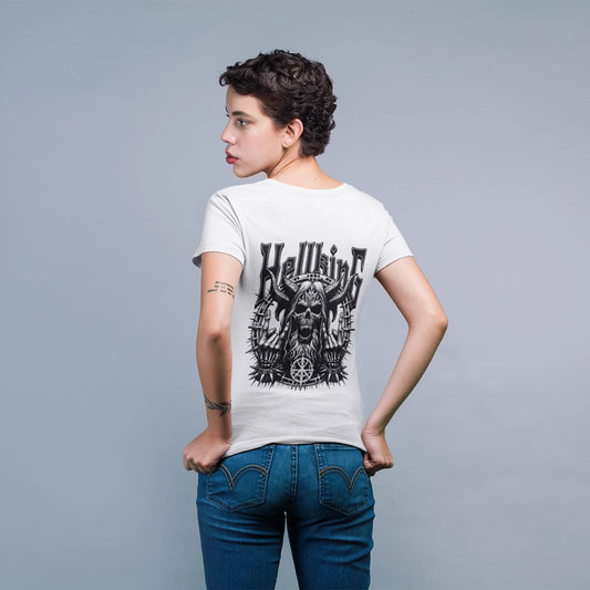 Hell King Goth Wholesale Tee Shirts Bulk T-shirt, back view on female model