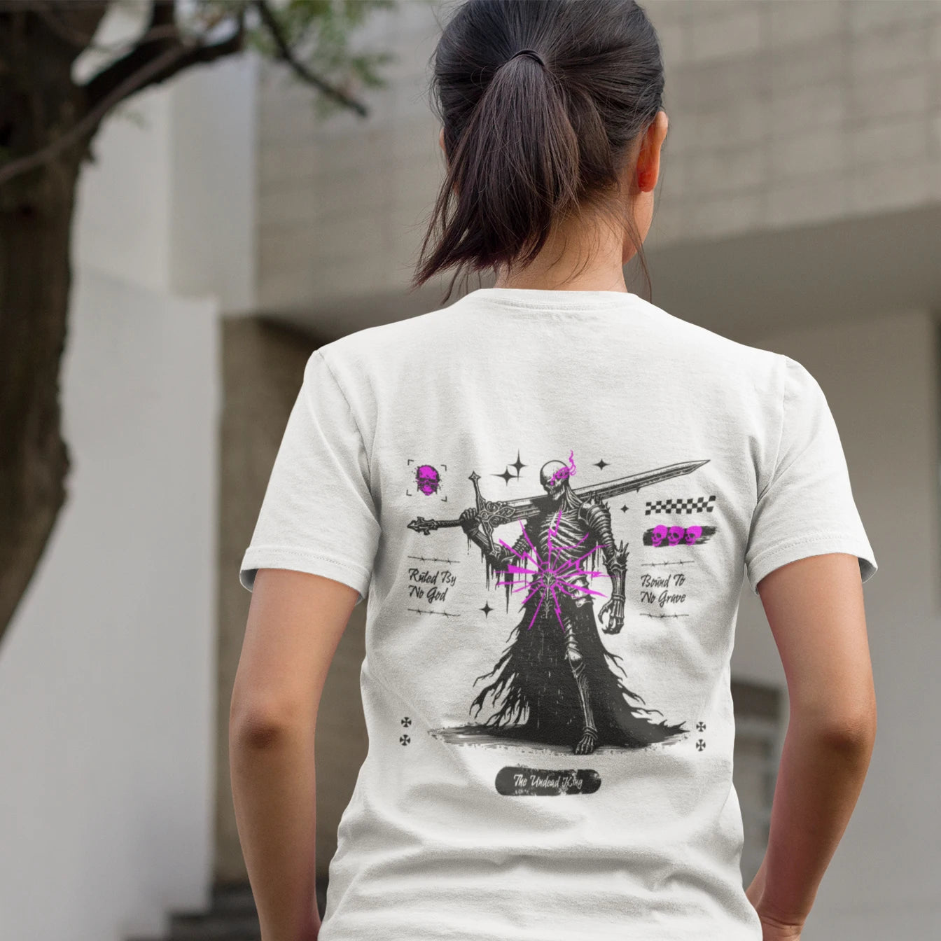 The Undead King Goth Wholesale Tee Shirts Bulk T-shirt, back view on female model
