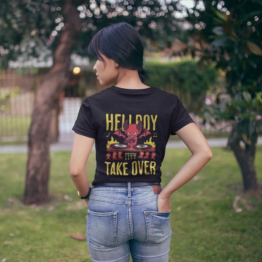 Hellboy Takeover Wholesale Tee Shirts Bulk T-shirt, back view on female model