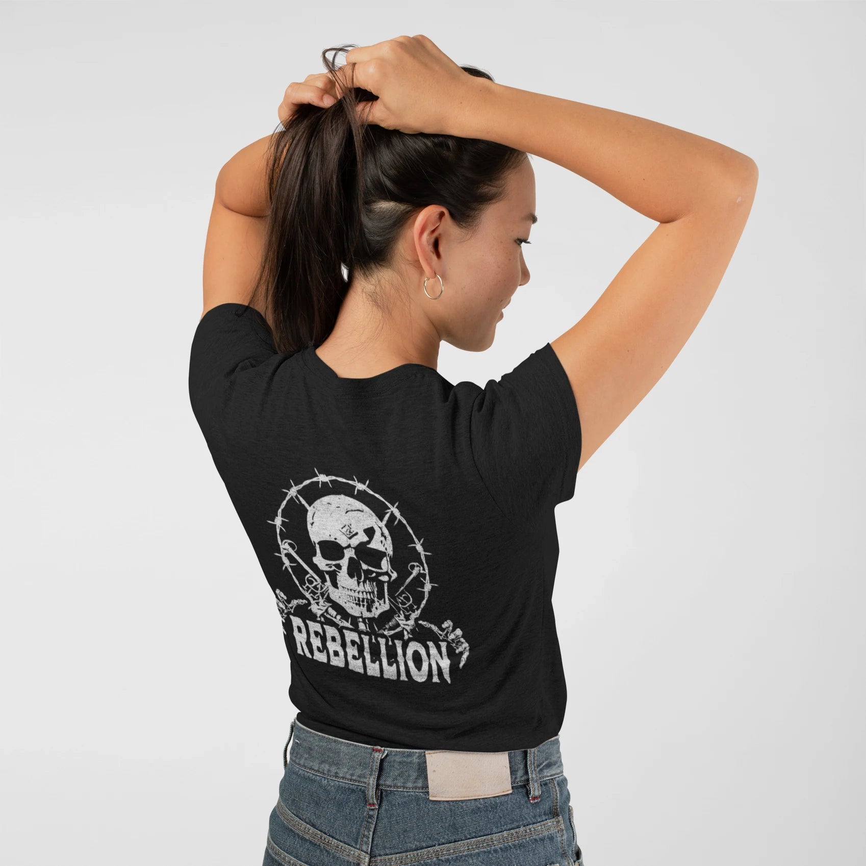 Rebellion Goth Wholesale Tee Shirts Bulk T-shirt, back view on female model
