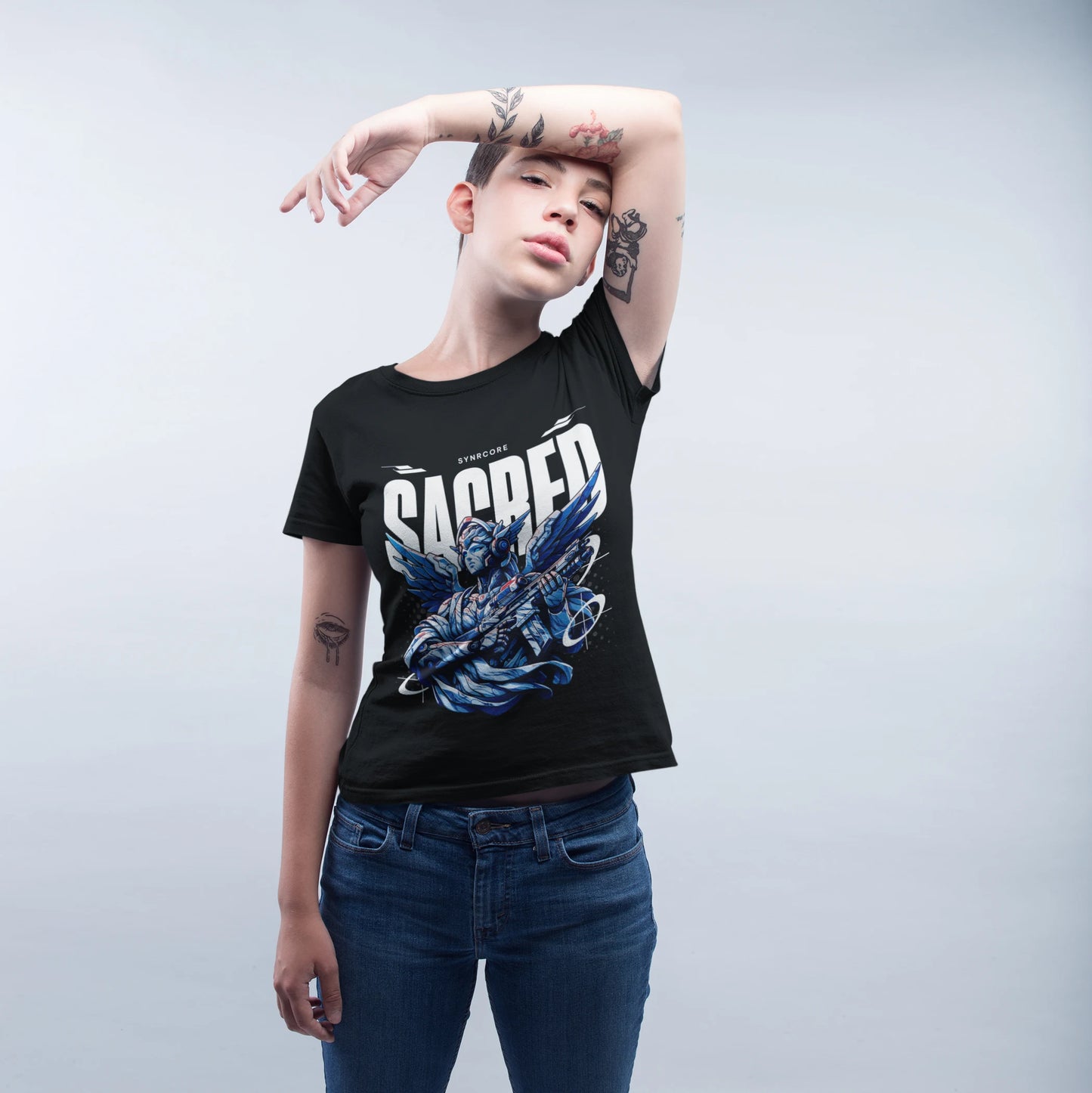 Sacred Mecha Cyberpunk Wholesale Tee Shirts Bulk T-shirt, front view on female model