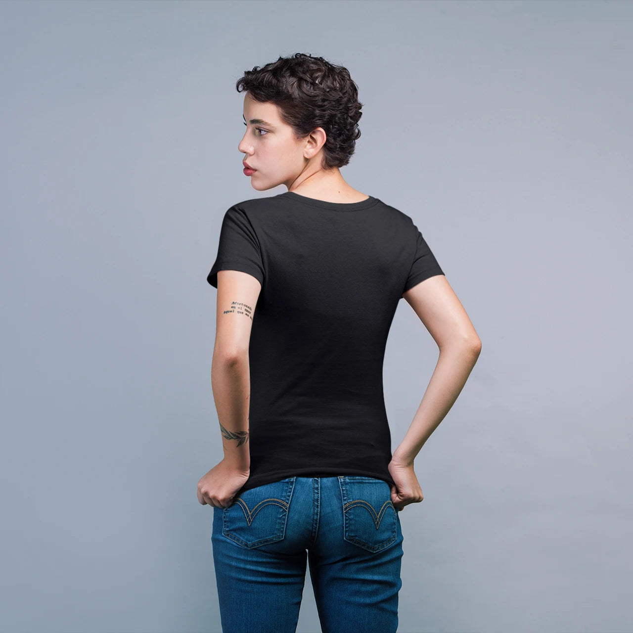 Sacred Mecha Cyberpunk Wholesale Tee Shirts Bulk T-shirt, back view on female model
