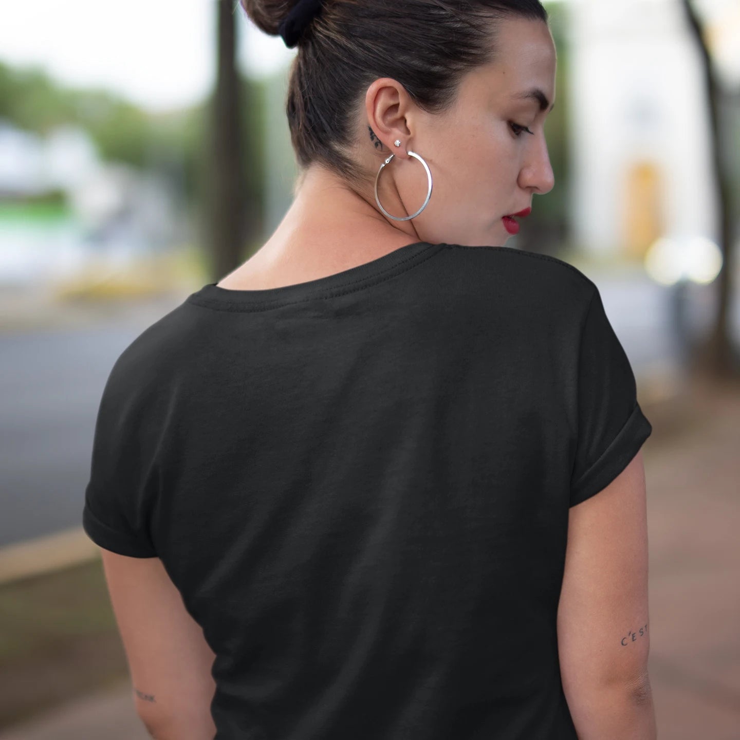 Sacred Mecha Cyberpunk Wholesale Tee Shirts Bulk T-shirt, back view on female model