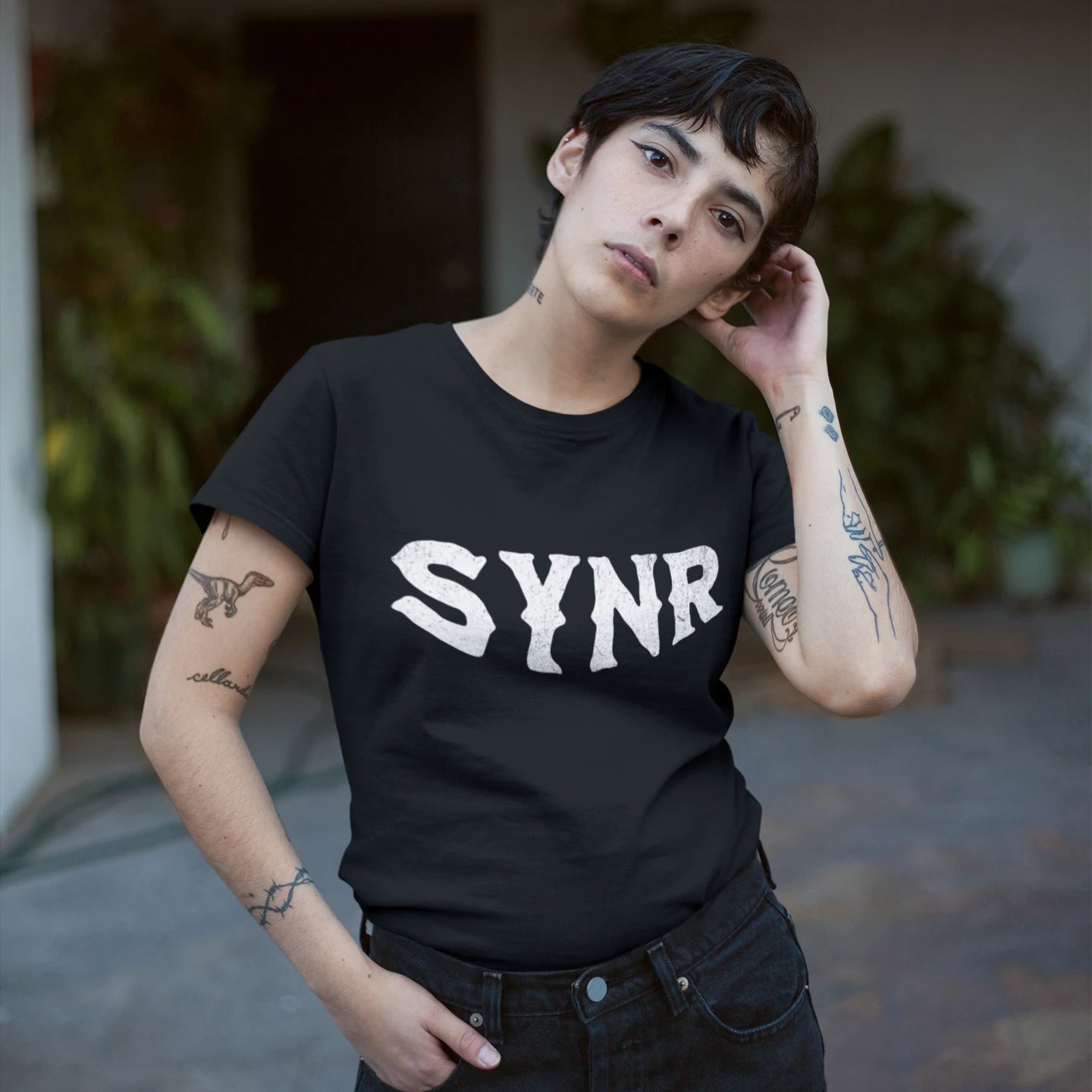 Rebellion Goth Wholesale Tee Shirts Bulk T-shirt, front view on female model