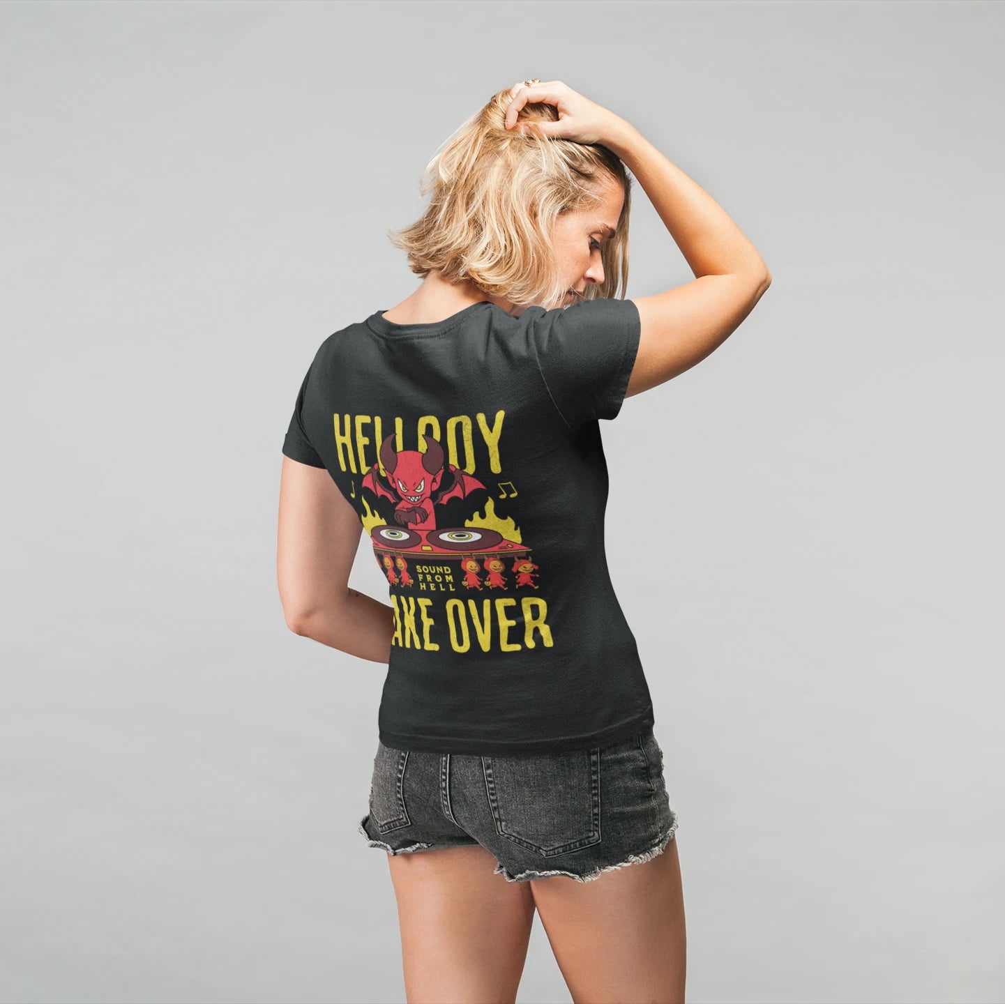 Hellboy Takeover Wholesale Tee Shirts Bulk T-shirt, back view on female model