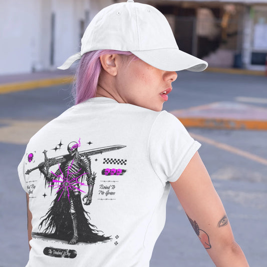 The Undead King Goth Wholesale Tee Shirts Bulk T-shirt, back view on female model