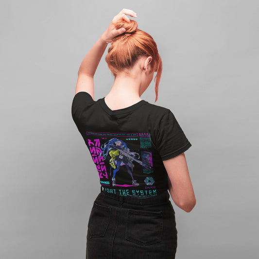 Fight the System Cyberpunk Wholesale Tee Shirts Bulk T-shirt, back view on female model
