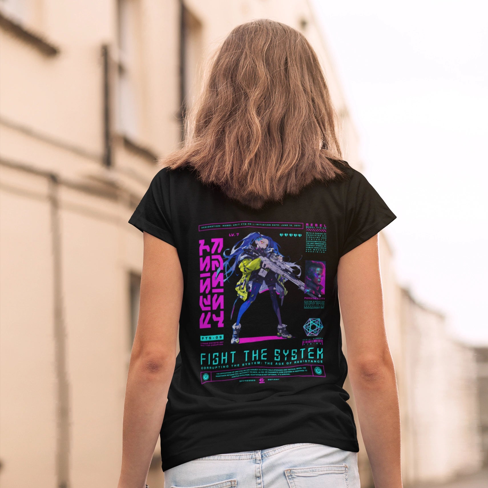Fight the System Cyberpunk Wholesale Tee Shirts Bulk T-shirt, back view on female model